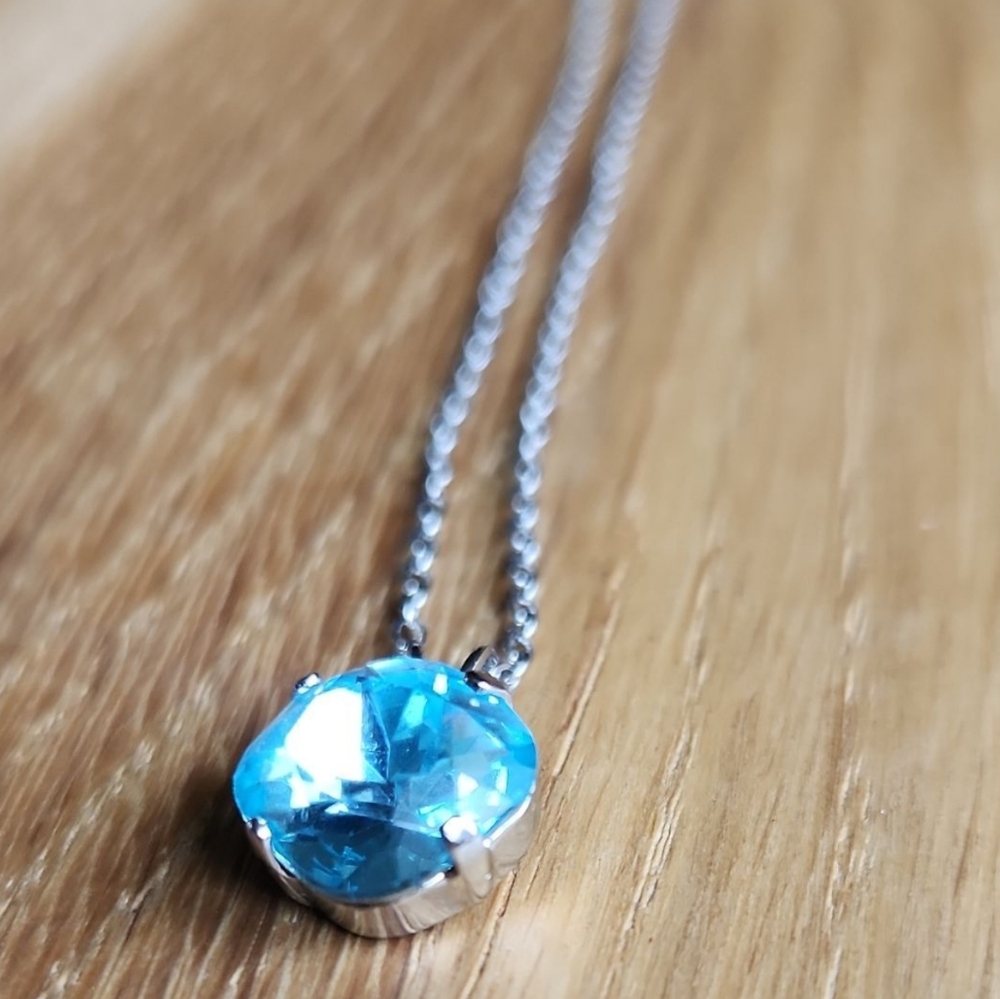 Silver Chain Necklace, Blue Crystal Pendant, Hand Crafted - Picture 4 of 9